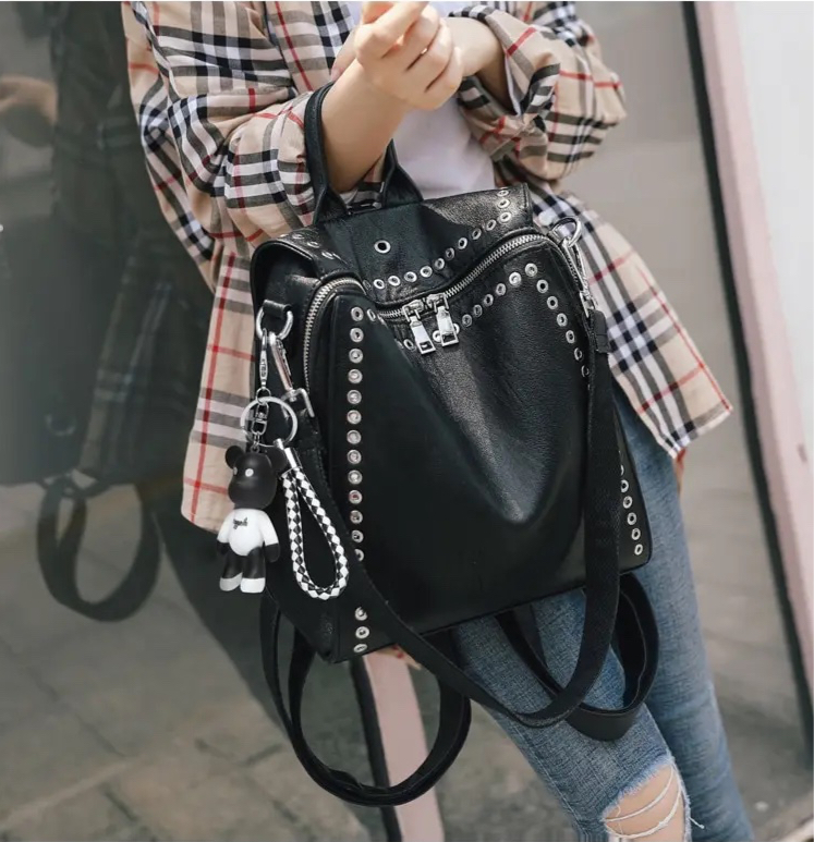 Fashion Women's Genuine Leather Personality Rivet Design Backpack - Women Fashion Backpacks