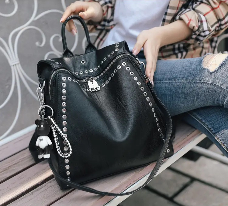 Fashion Women's Genuine Leather Personality Rivet Design Backpack - Women Fashion Backpacks
